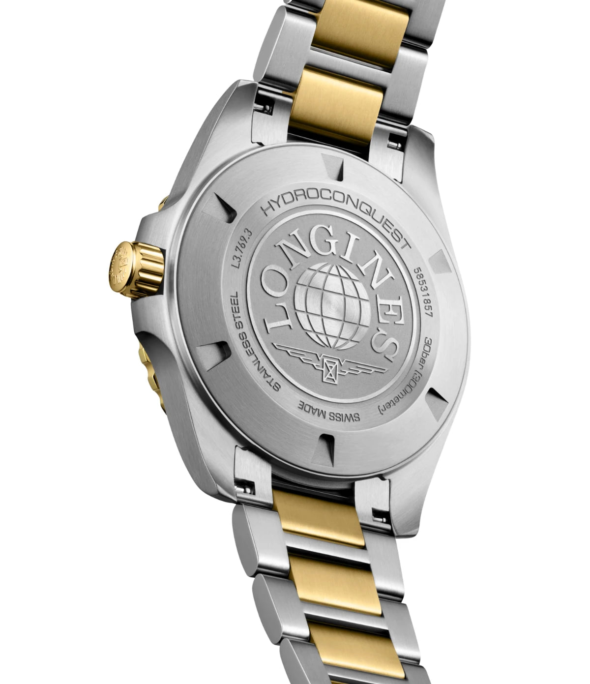 Screw-down caseback of the Longines HydroConquest 42mm L3.769.3.96.7 stainless steel case