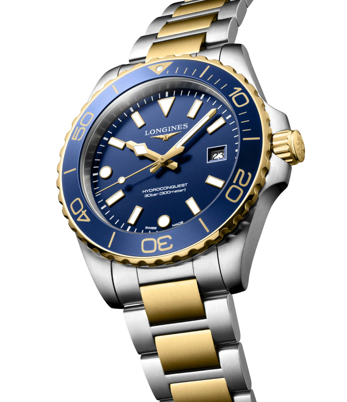 Side profile of the Longines HydroConquest 42mm L3.769.3.96.7 showing unidirectional rotating bezel and screw-in crown
