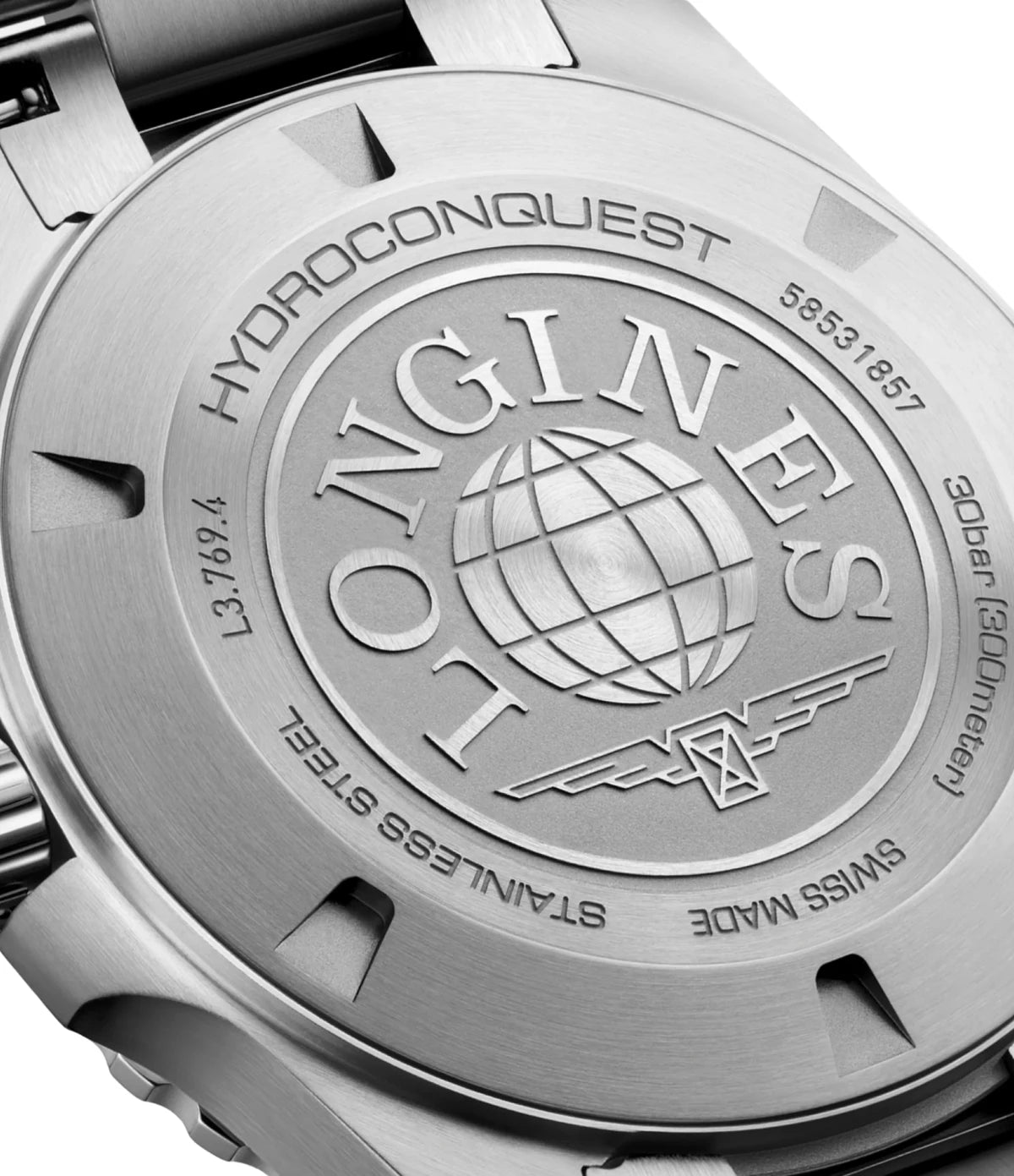 Close-up of the screw-down caseback engraving on the Longines HydroConquest 42mm L3.769.4.06.6 quartz dive watch