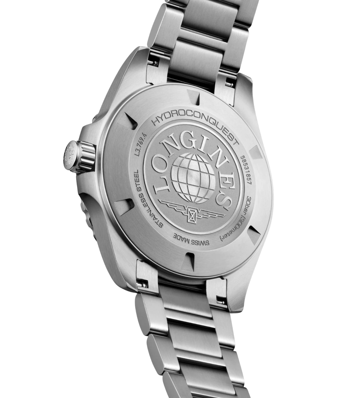 Screw-down caseback of the Longines HydroConquest 42mm L3.769.4.06.6 stainless steel case