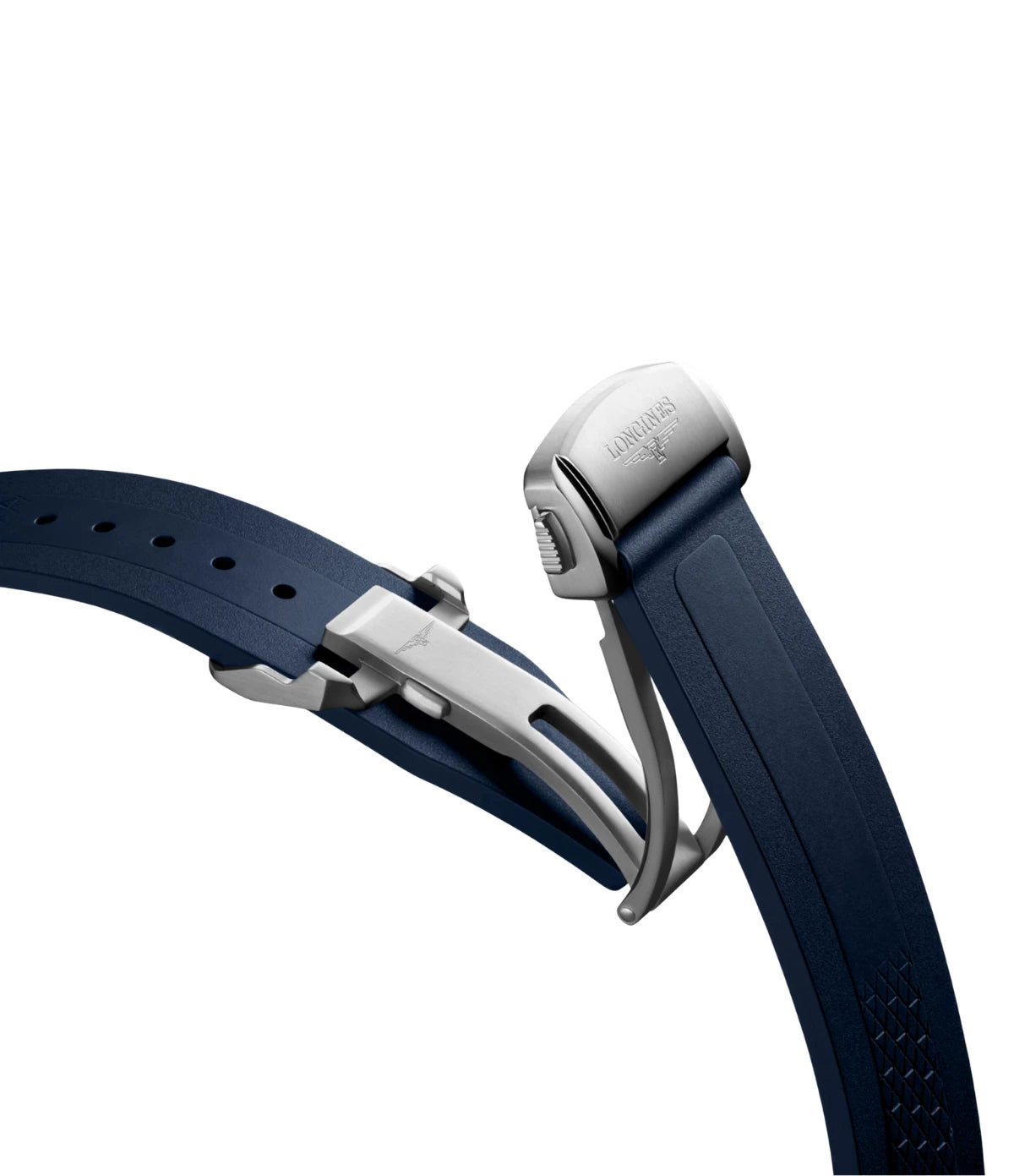 Open view of the double security folding clasp with micro adjustment system on the Longines Conquest 41mm L3.830.4.92.9