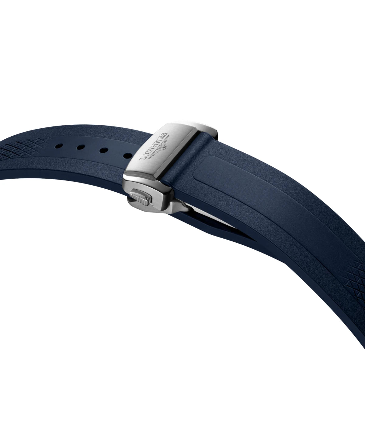Double security folding clasp on the blue rubber strap of the Longines Conquest 41mm L3.830.4.92.9