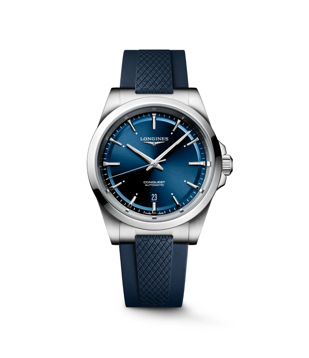 Longines Conquest 41mm L3.830.4.92.9 front view - men's stainless steel automatic watch with sunray blue dial and blue rubber strap, available in Sri Lanka at Time Vault