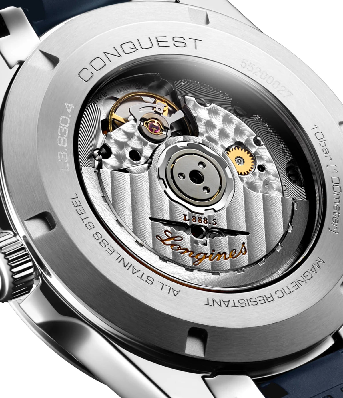 Close-up of the back of a silver Conquest L3.830.4.92.9 watch showing the transparent case back and visible mechanical self wind movement with gold-toned gears and a blue strap edge.