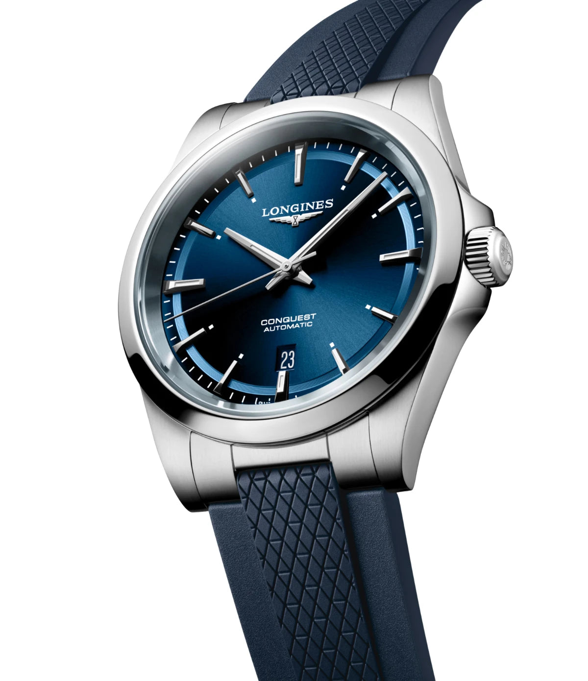 Side profile of the Longines Conquest 41mm L3.830.4.92.9 showing screw-in crown and case thickness