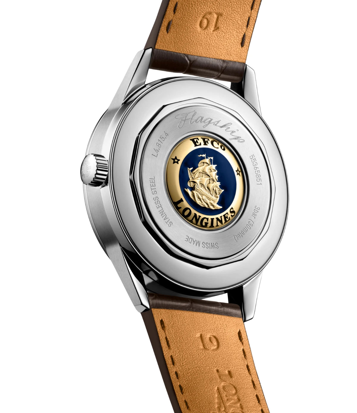 Screw-down caseback of the Longines Flagship Heritage Moonphase 38.5mm L4.815.4.62.2 revealing the signature 18 karat gold medallion with hand-painted enamel caravel