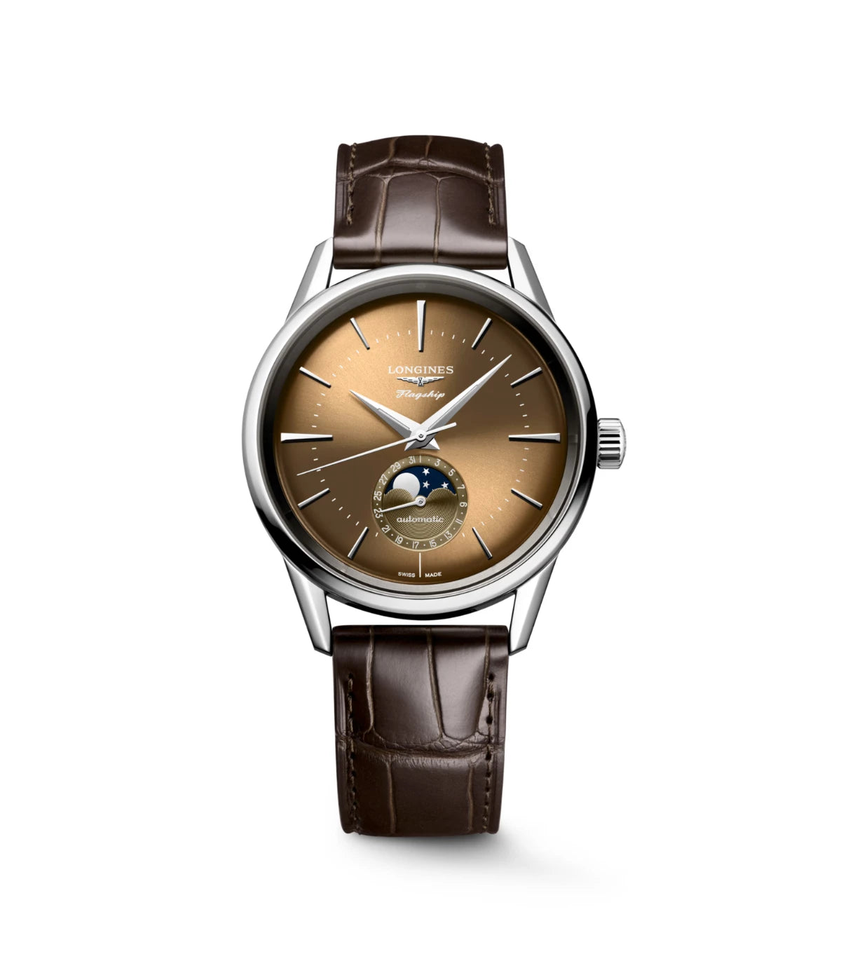 Longines Flagship Heritage Moonphase 38.5mm L4.815.4.62.2 front view - men's stainless steel automatic watch with sunray beige dial and moonphase display, available in Sri Lanka at Time Vault