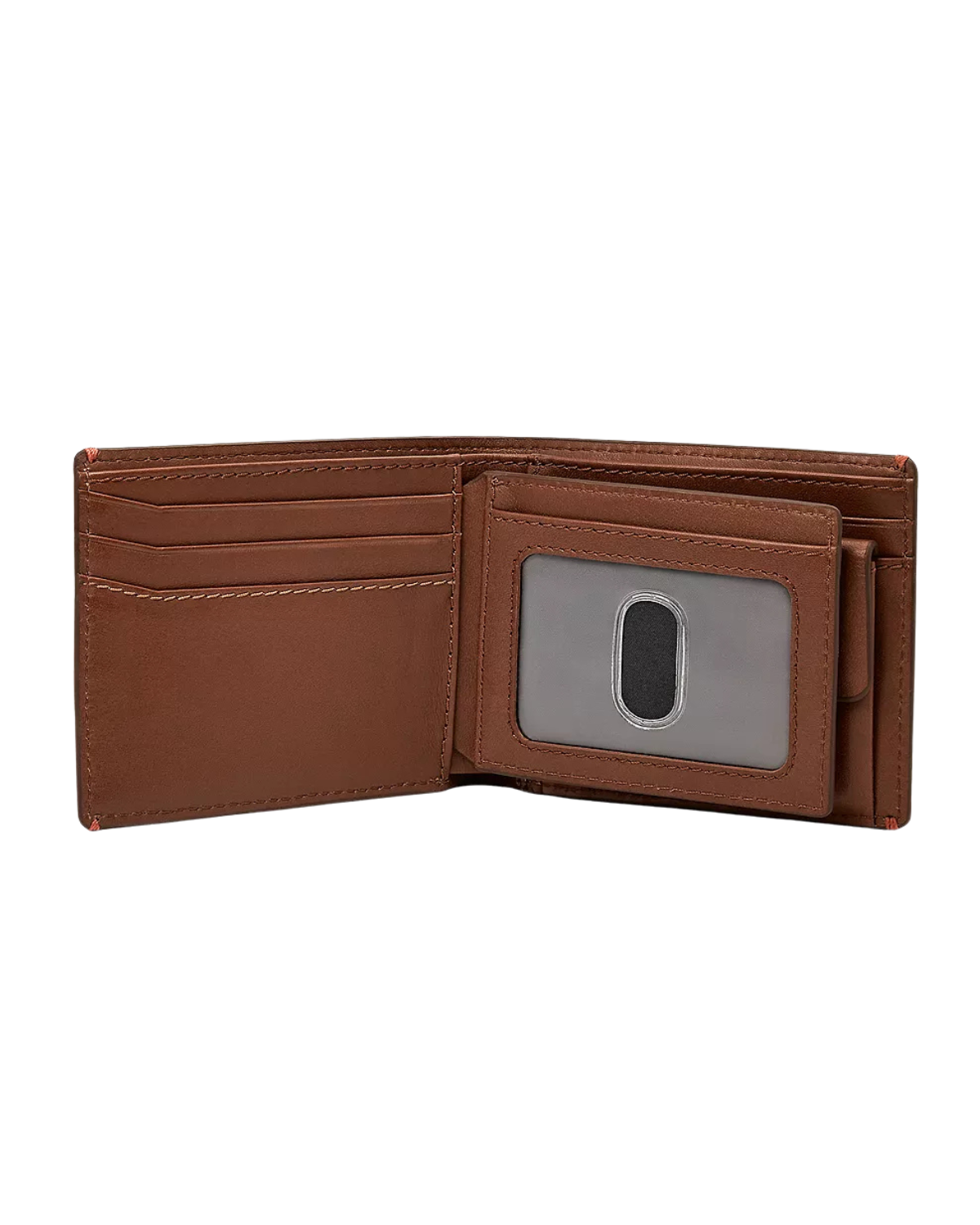 ML4694210 Fossil Sport Tourer Coin Pocket Bifold open view revealing 7 credit card slots, ID window, and gusseted coin pocket at time vault