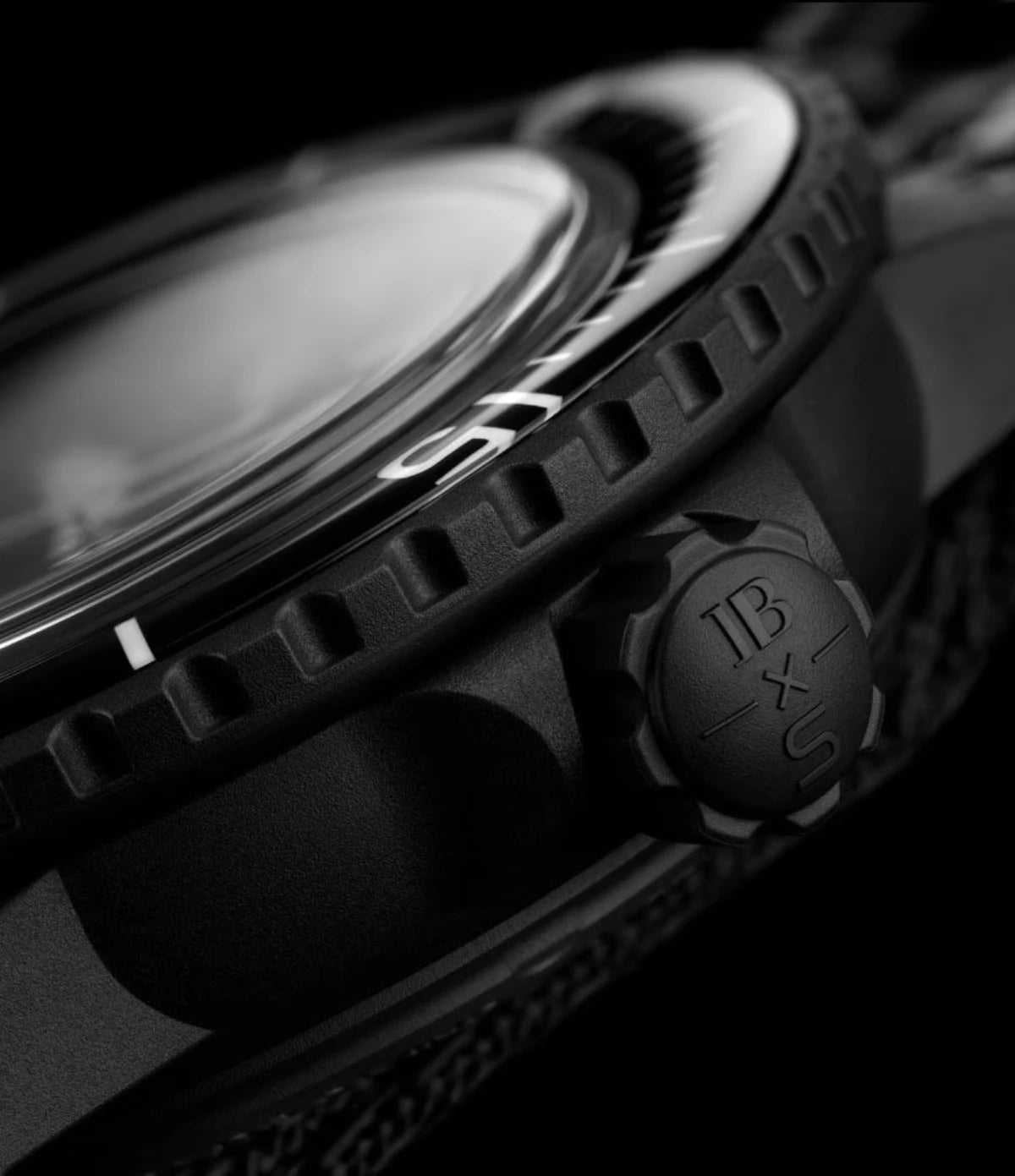 Close-up of the black Bioceramic crown on the Blancpain X Swatch Scuba Fifty Fathoms Ocean of Storms SO35B400 diver's watch
