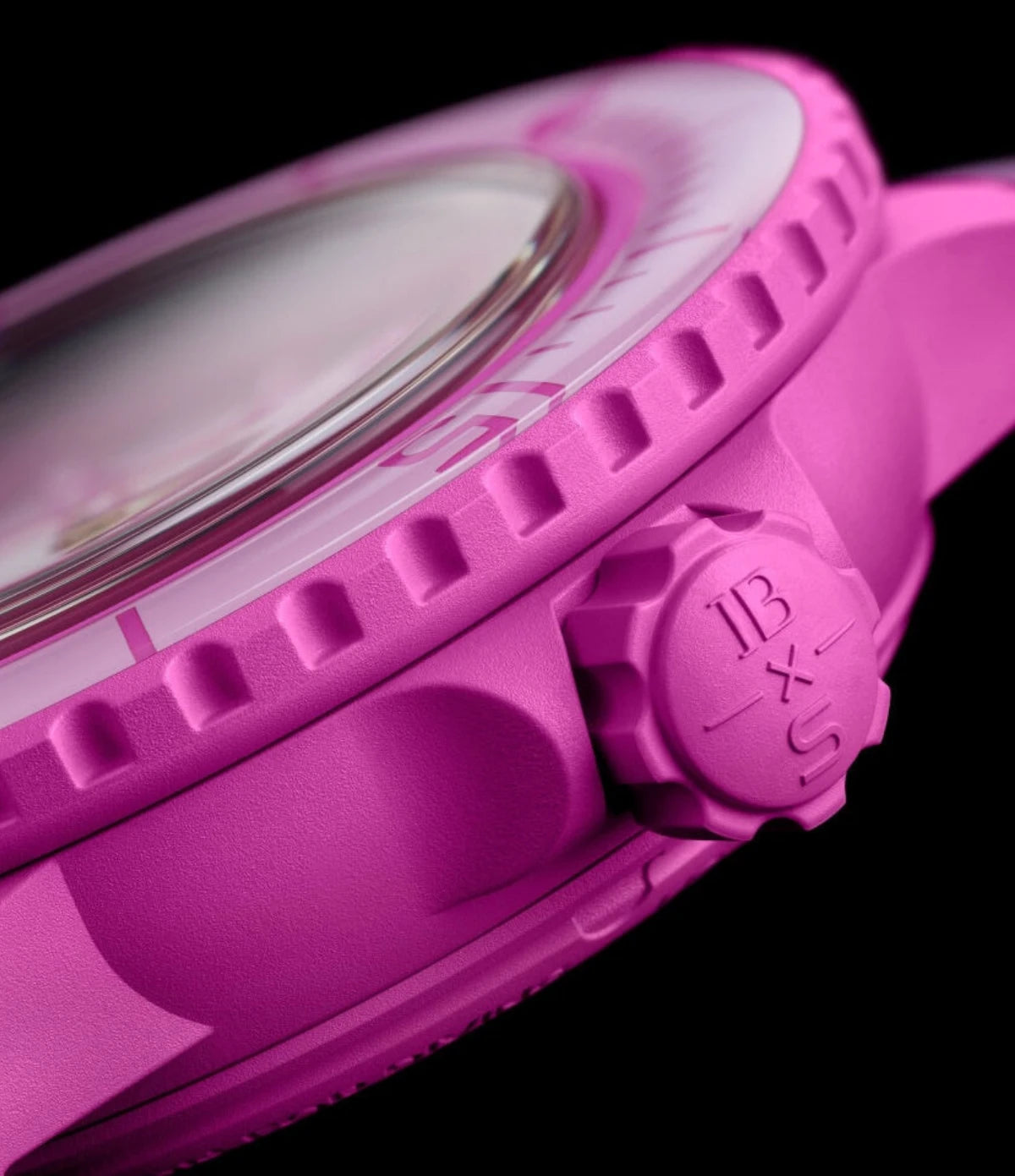 Close-up of the engraved crown details on the Blancpain X Swatch Pink Ocean SO35P400