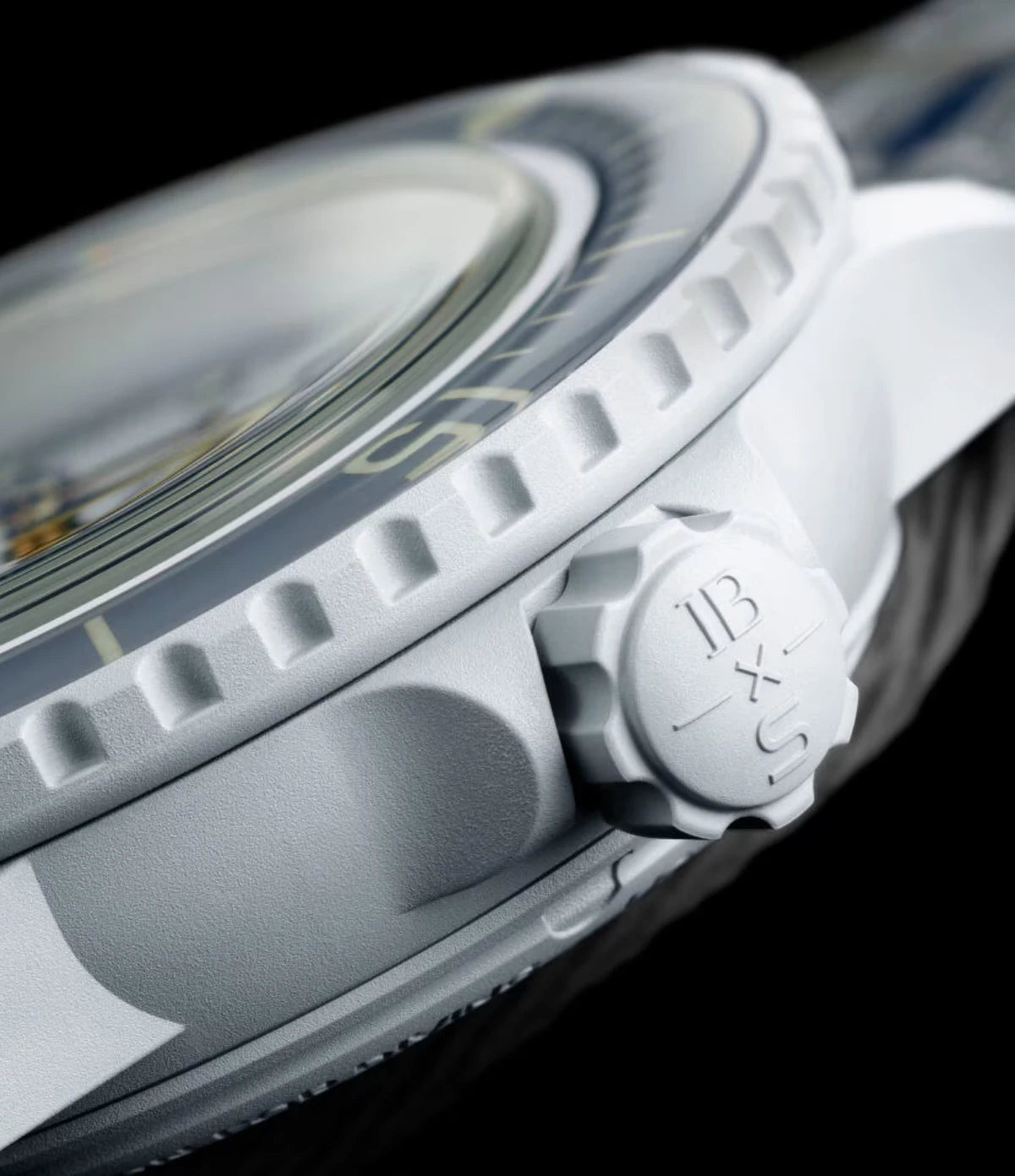 Close-up of the ice white Bioceramic crown on the Blancpain X Swatch Scuba Fifty Fathoms Antarctic Ocean SO35S100 diver's watch
