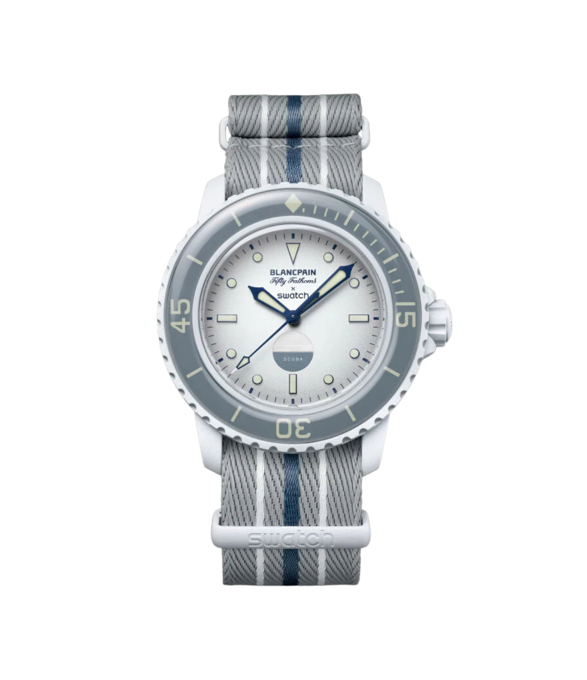 Blancpain X Swatch Bioceramic Scuba Fifty Fathoms Antarctic Ocean SO35S100 front view - ice white Bioceramic diver's watch with gradient dial, available in Sri Lanka at Time Vault