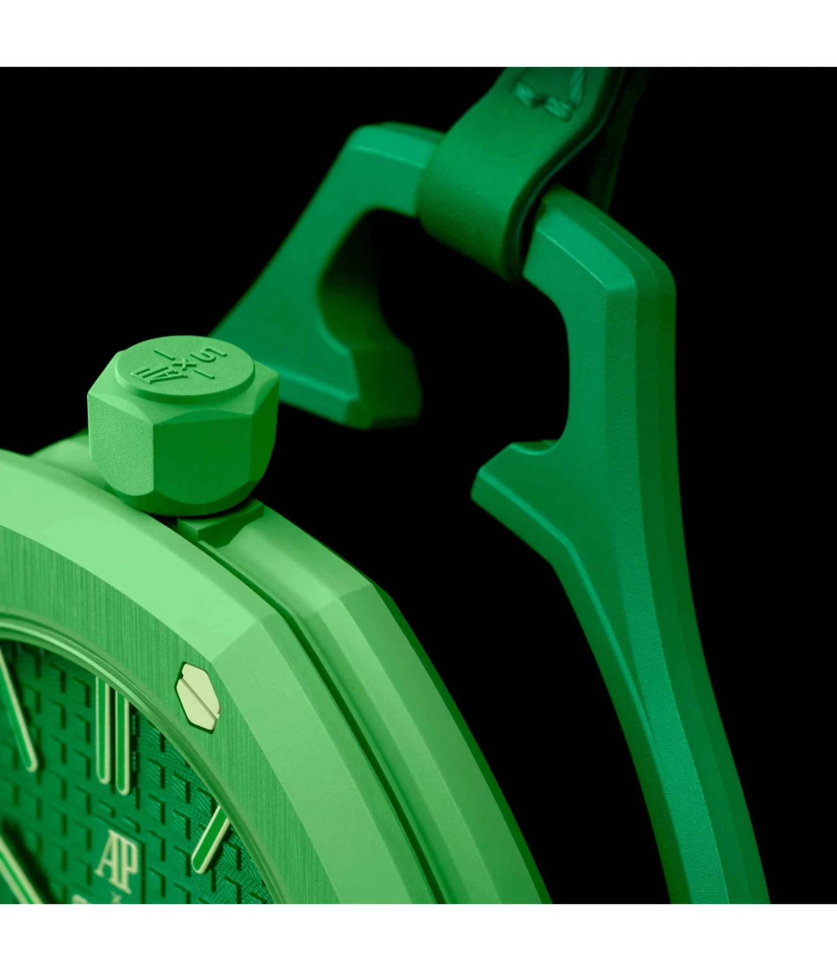 lose-up of the removable Bioceramic holder clip on the Swatch x Audemars Piguet Royal Pop Green Eight SSX03G100N, used to convert the pocket watch for wrist or bag wear