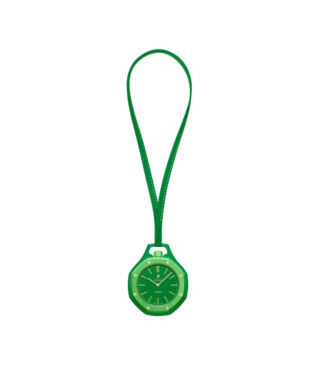 Swatch x Audemars Piguet Royal Pop Green Eight SSX03G100N front view showing the green octagonal Bioceramic bezel with eight light green hexagonal screws