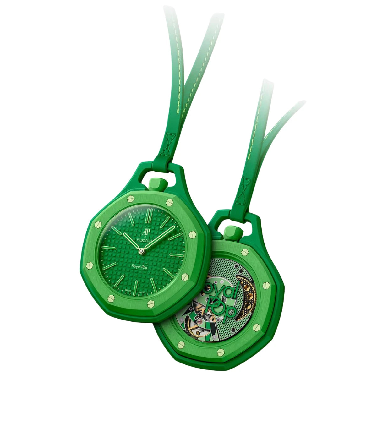 Swatch x Audemars Piguet Royal Pop Green Eight SSX03G100N main view - green Bioceramic Lépine pocket watch with light green screws, available in Sri Lanka at Time Vault
