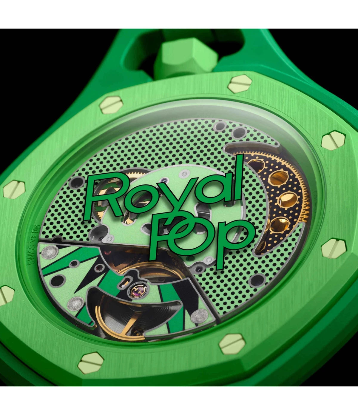 Close-up of the hand-wound SISTEM51 movement visible through the caseback of the Swatch x Audemars Piguet Royal Pop Green Eight SSX03G100N, showing the mainspring barrel power reserve indicator