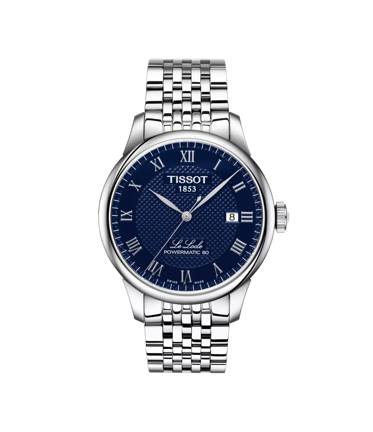 Tissot Le Locle 39.3mm T0064071104300 front view showing the deep blue dial with Roman numeral indexes and stainless steel case