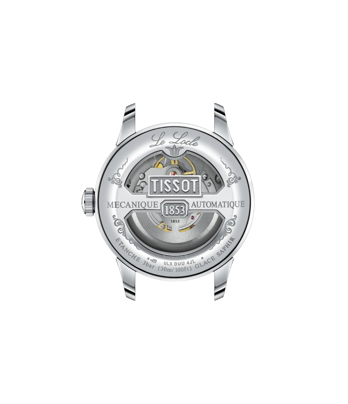 See-through caseback of the Tissot Le Locle 39mm T0064071604300 showing the Swiss automatic movement
