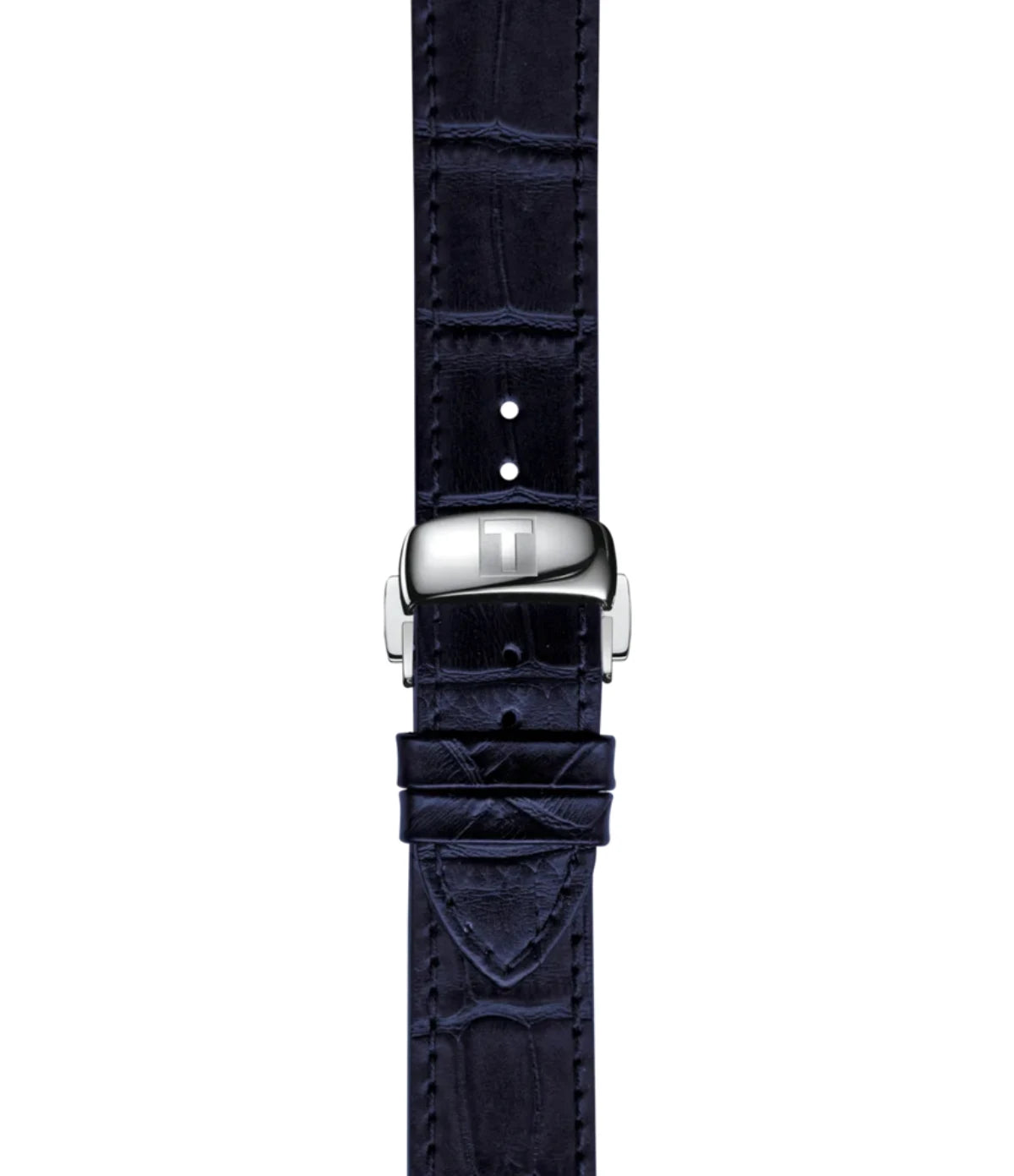 Close-up of the blue leather strap on the Tissot Le Locle 39mm T0064071604300 with butterfly clasp and push-buttons