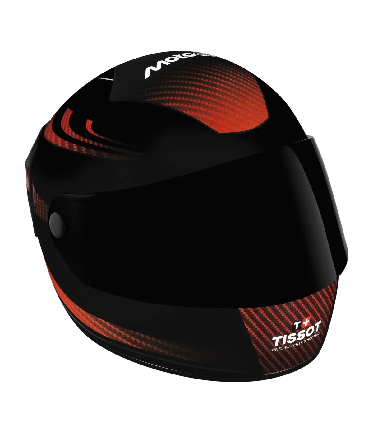 Closed helmet-shaped presentation box of the Tissot T-Race MotoGP 2026 45mm T141.417.37.422.00 limited edition, an exclusive collector's packaging design