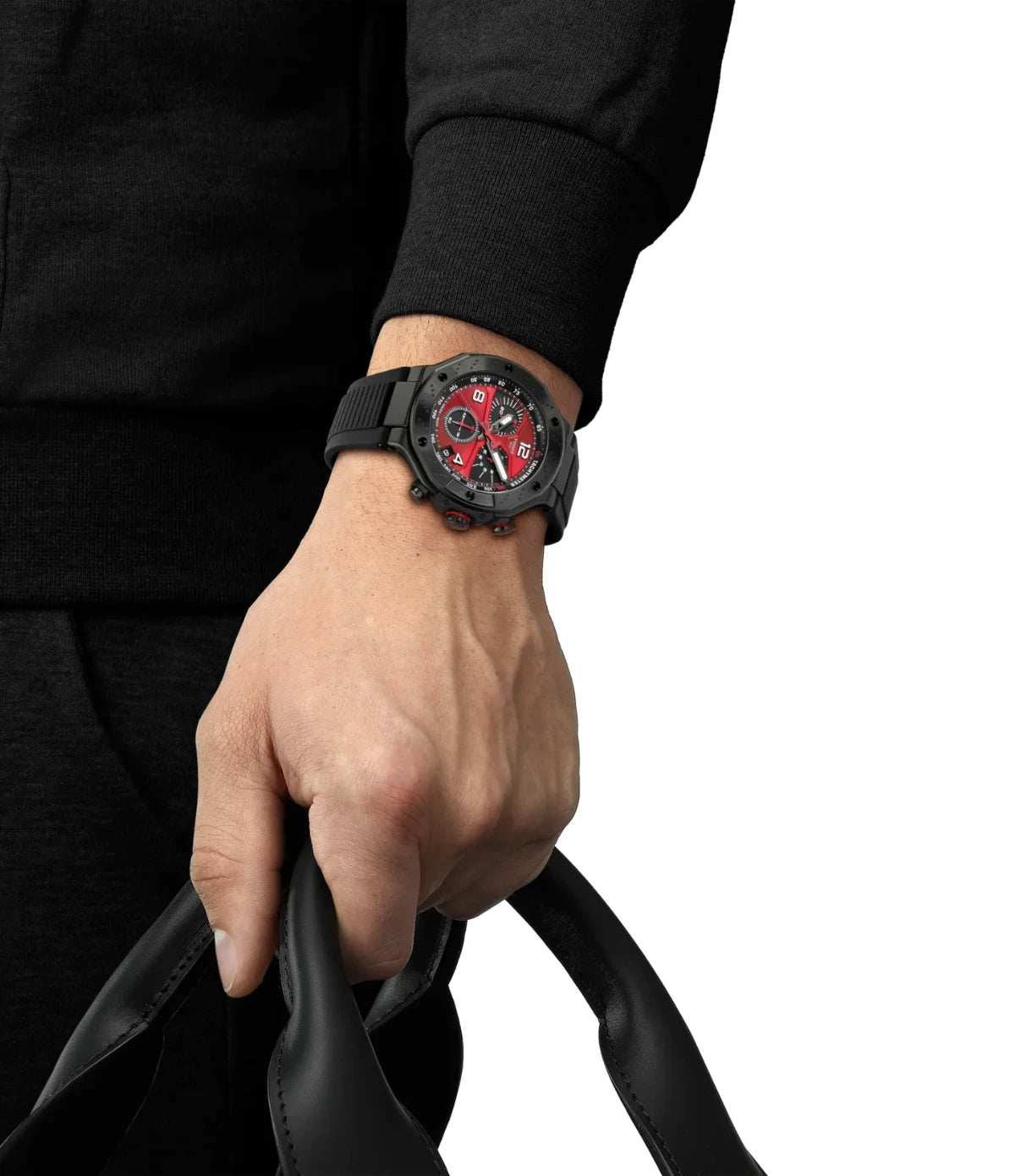 Tissot T-Race MotoGP 2026 45mm T141.417.37.422.00 worn on the wrist, showing 45mm case proportions and bold red dial styled for the motorsport enthusiast