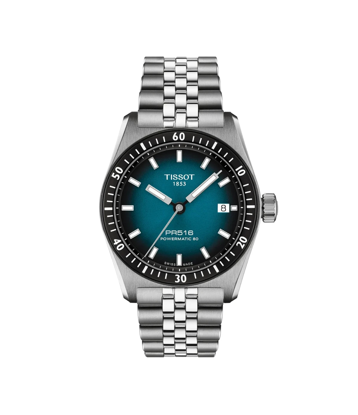 Tissot PR516 38mm T1494071104100 front view - men's stainless steel Swiss automatic watch with blue gradient dial, available in Sri Lanka at Time Vault