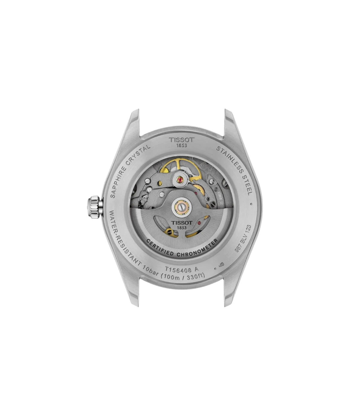 See-through caseback of the Tissot Ballade 39mm COSC T1564081109300 showing the automatic movement