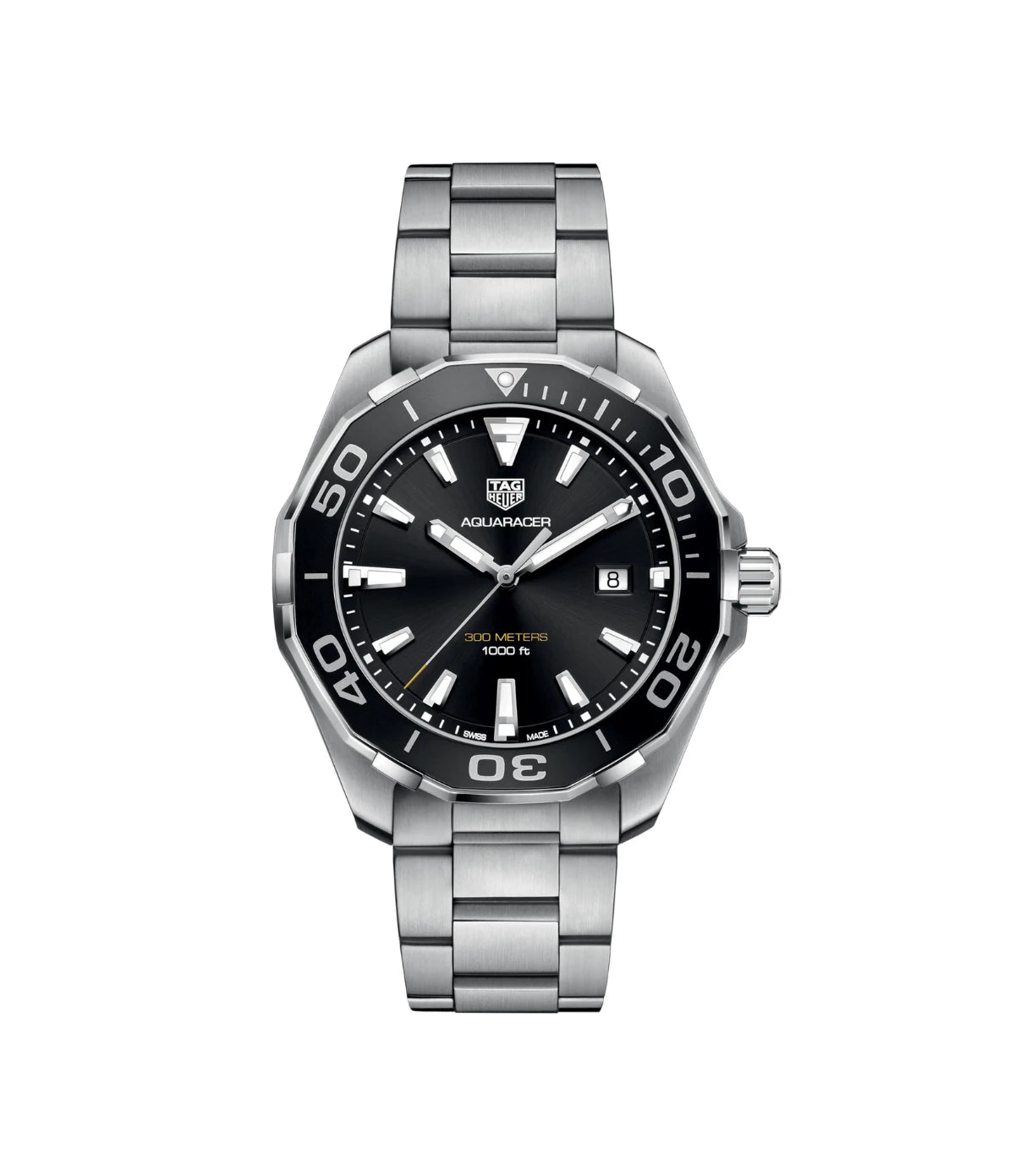 TAG Heuer Aquaracer WAY101A.BA0746 43mm quartz watch with black sunray dial, black diving bezel and stainless steel bracelet, available in Sri Lanka at Time Vault