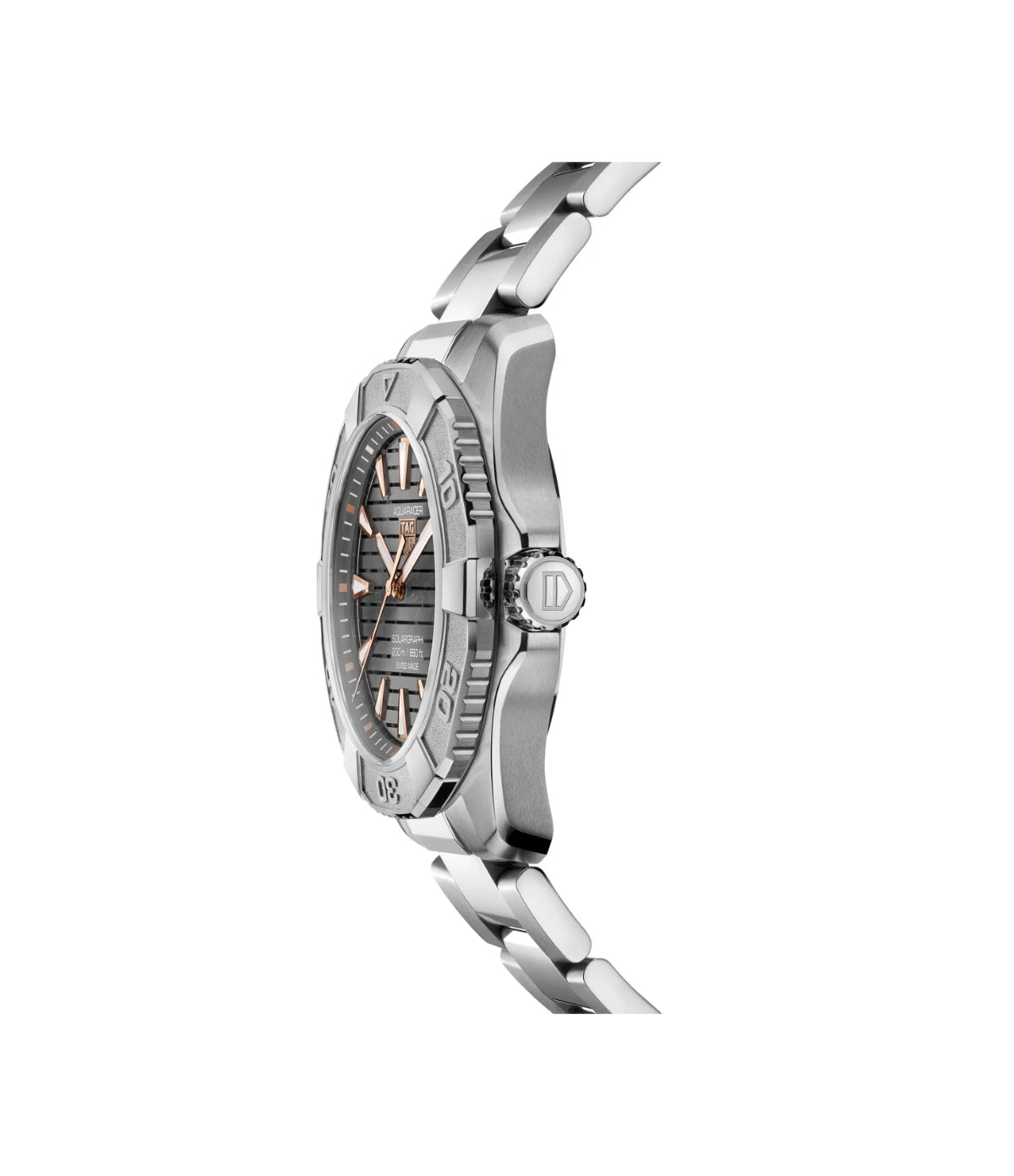 Side profile of the TAG Heuer Aquaracer Professional 200 Solargraph WBP1190.BZ0003 showing titanium unidirectional turning bezel and screw-down titanium crown
