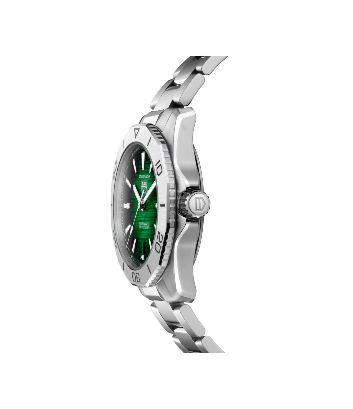 TAG Heuer Aquaracer Professional 200 Date WBP2115.BA0627 side view - men's 40mm steel automatic dive watch showcasing the beautiful crown, available in Sri Lanka at Time Vault