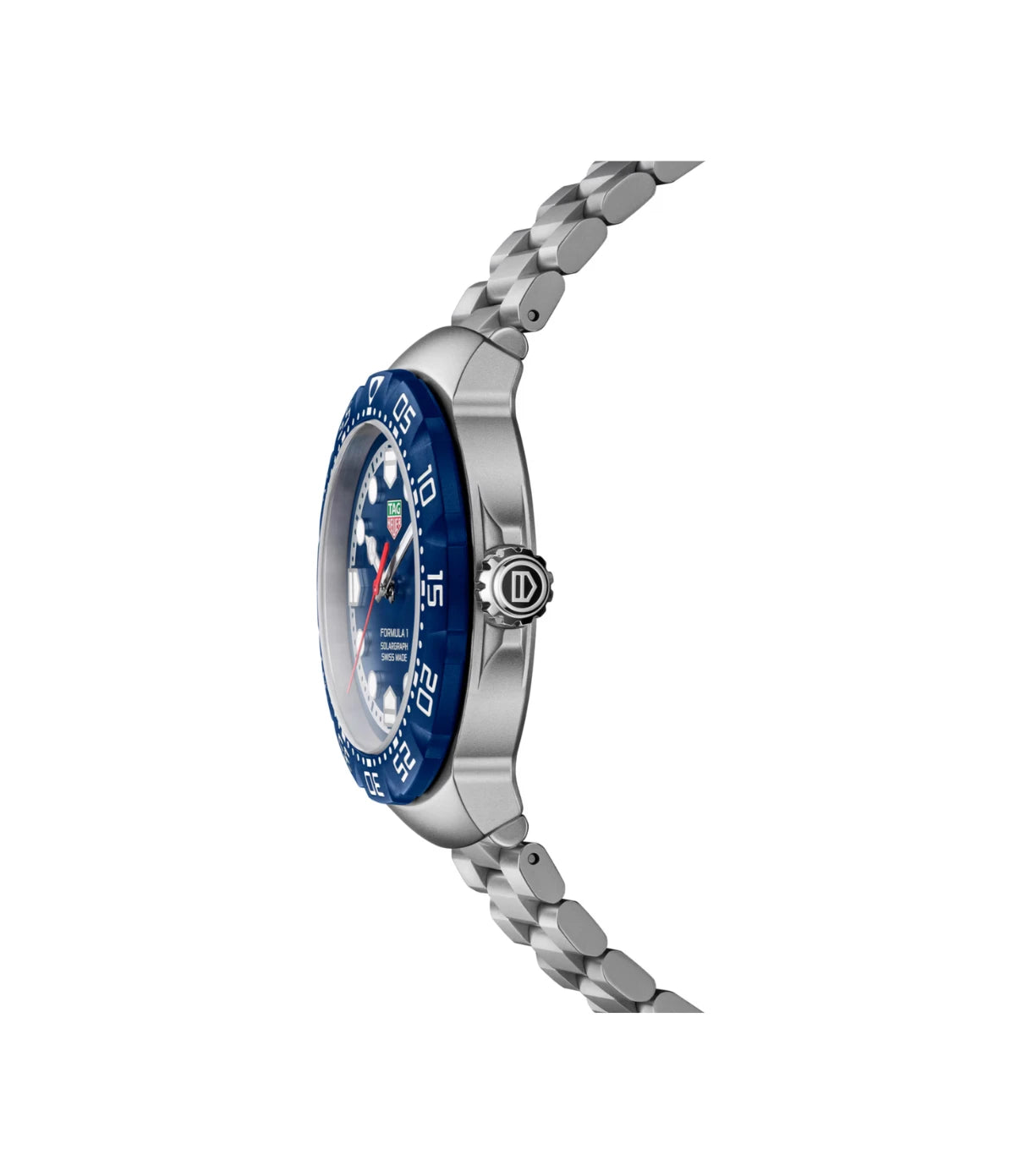 Side profile of the TAG Heuer Formula 1 Solargraph WBY1112.BA0042 showing sand-blasted steel case and TH-Polylight turning bezel