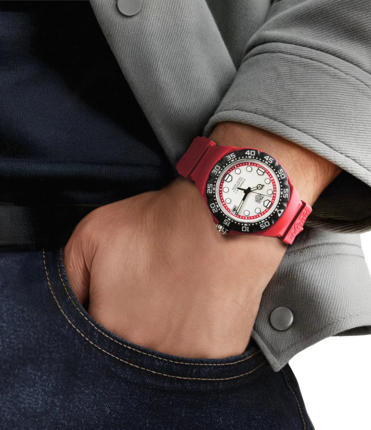 TAG Heuer Formula 1 Solargraph WBY1161.FT8086 worn on the wrist, showing 38mm red TH-Polylight case and rubber strap