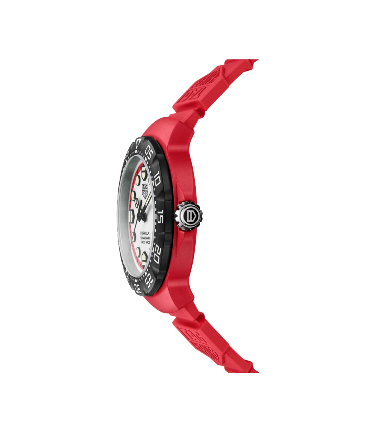 Side profile of the TAG Heuer Formula 1 Solargraph WBY1161.FT8086 showing red TH-Polylight case and turning bezel