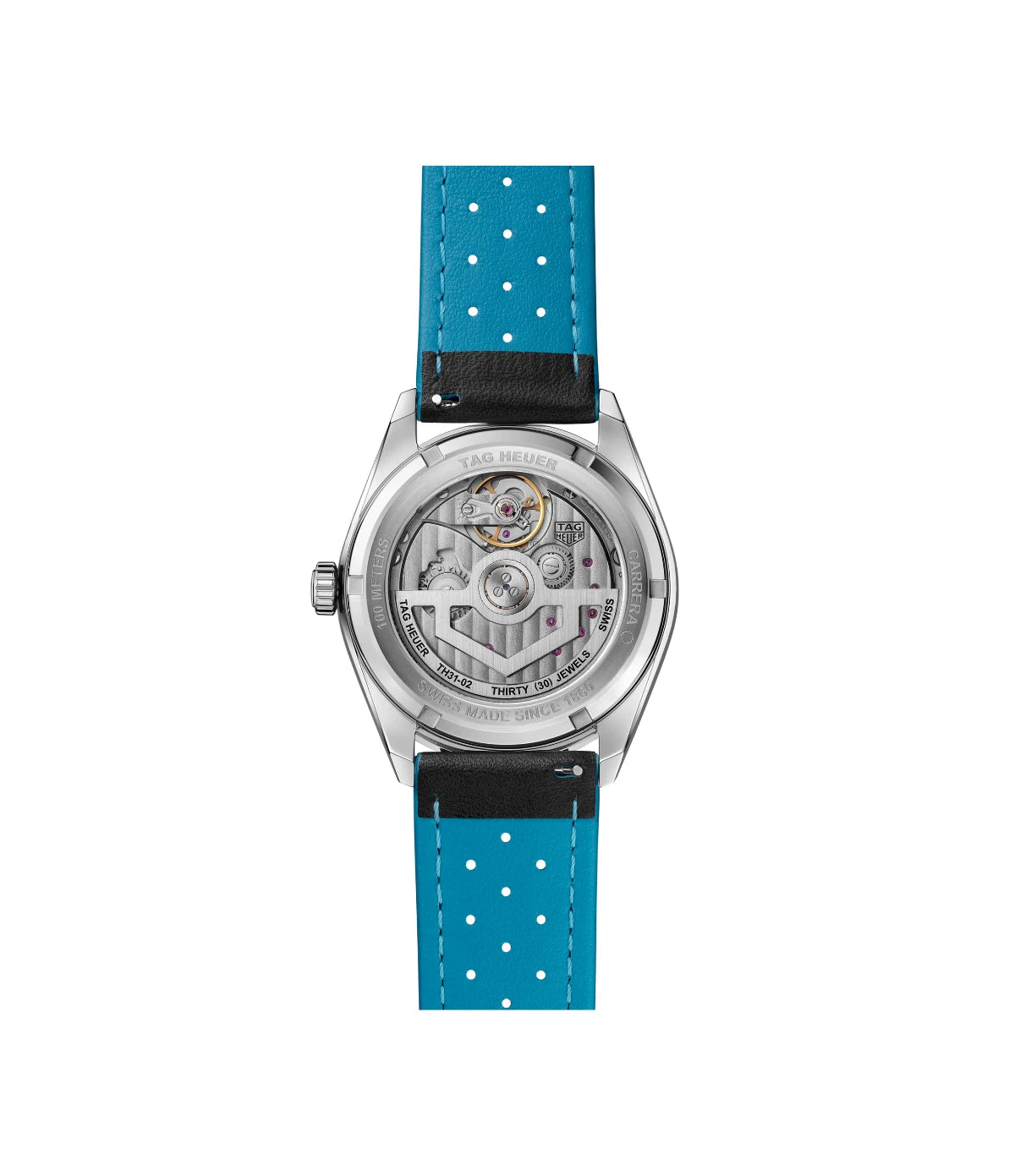 Sapphire caseback of the TAG Heuer Carrera Day-Date WDA2110.FC6614 showing the engraved Victory Wreath emblem
