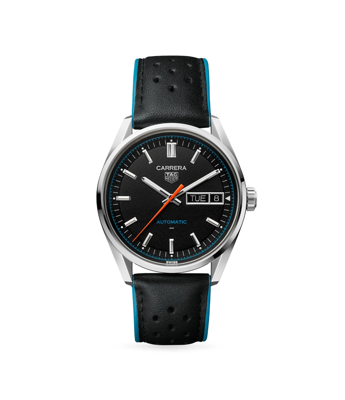 TAG Heuer Carrera Day-Date WDA2110.FC6614 front view - men's luxury 41mm steel automatic watch with black grained dial and leather strap, available in Sri Lanka at Time Vault