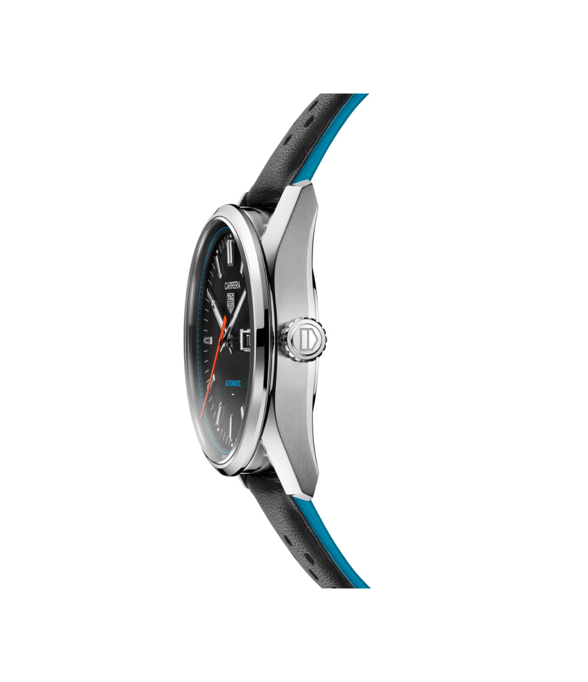 Side profile of the TAG Heuer Carrera Day-Date WDA2110.FC6614 showing fine-brushed/polished steel case and perforated leather strap