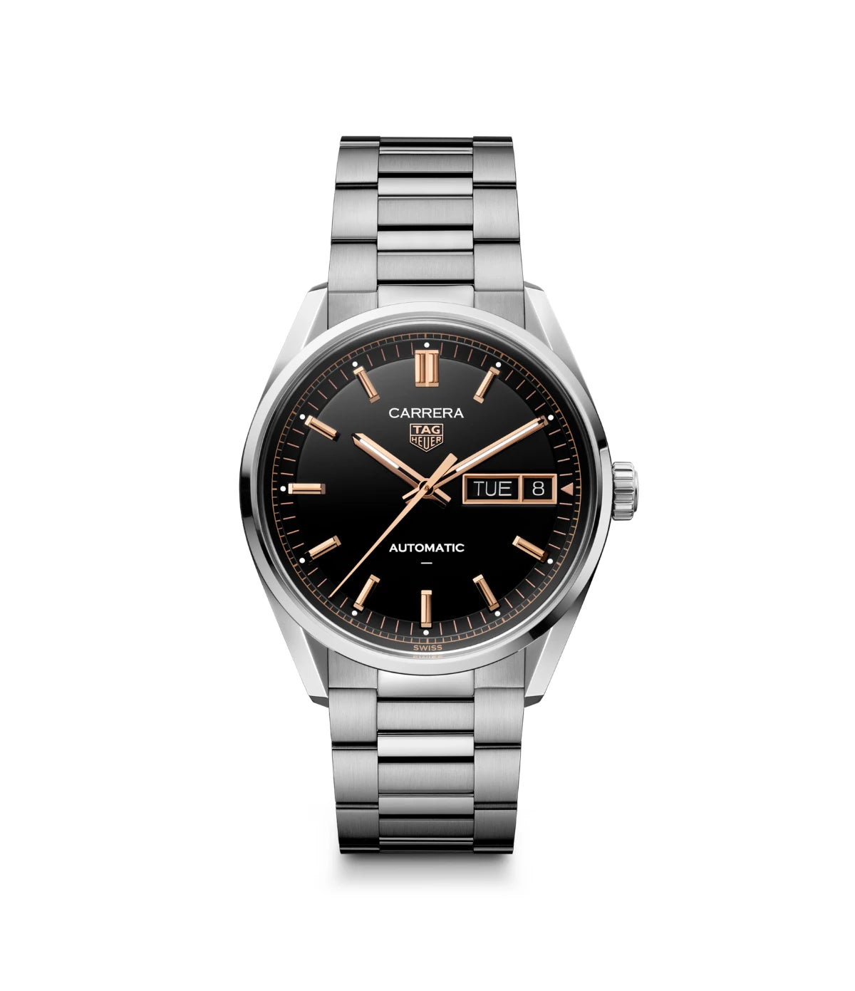 TAG Heuer Carrera Day-Date WDA2111.BA0043 front view - men's 41mm steel automatic watch with black opalin dial and rose gold accents, available in Sri Lanka at Time Vault