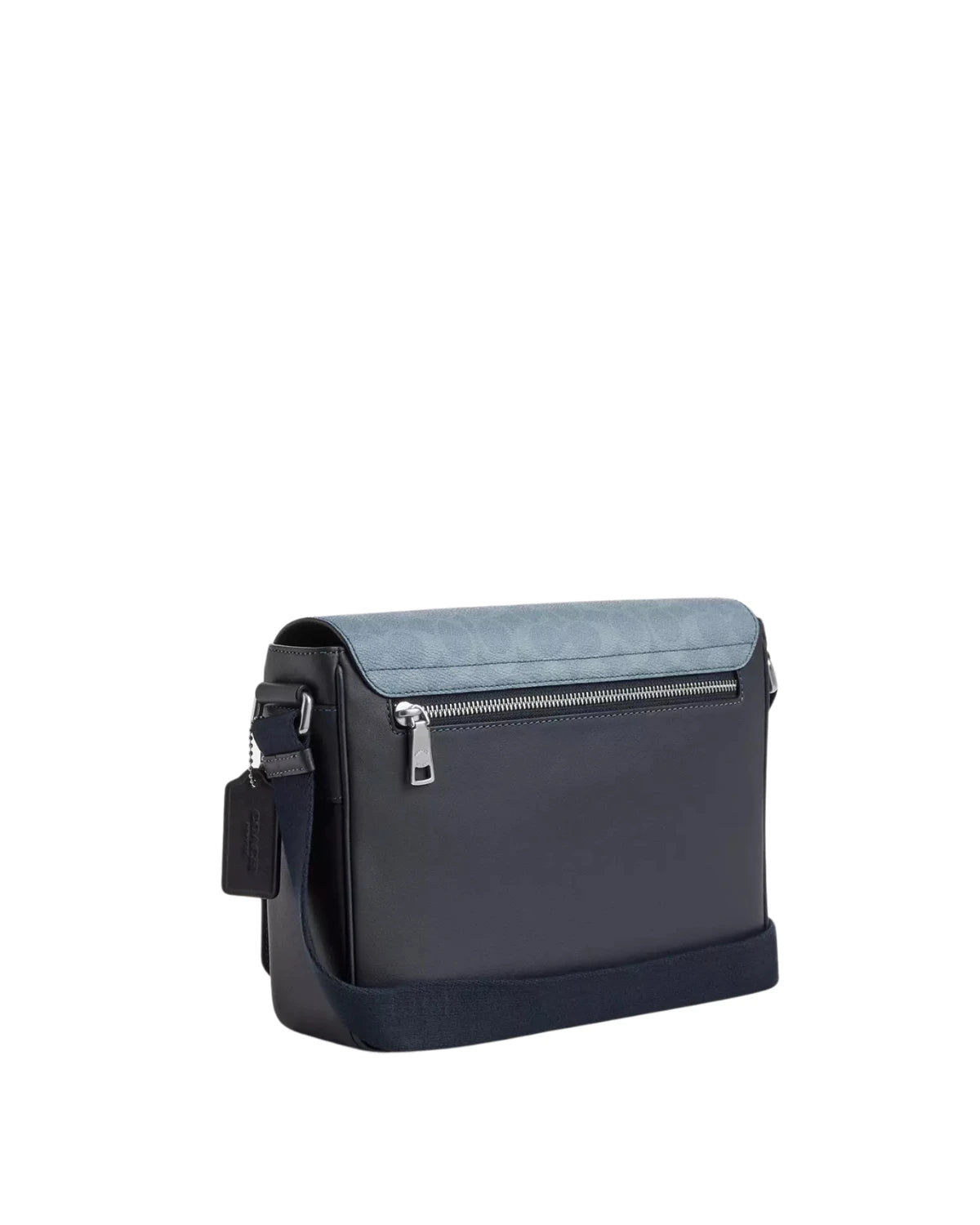 Side profile of the Coach Jack Messenger Bag CDX89 showing ombre canvas texture, smooth leather trim and structured silhouette with adjustable crossbody strap