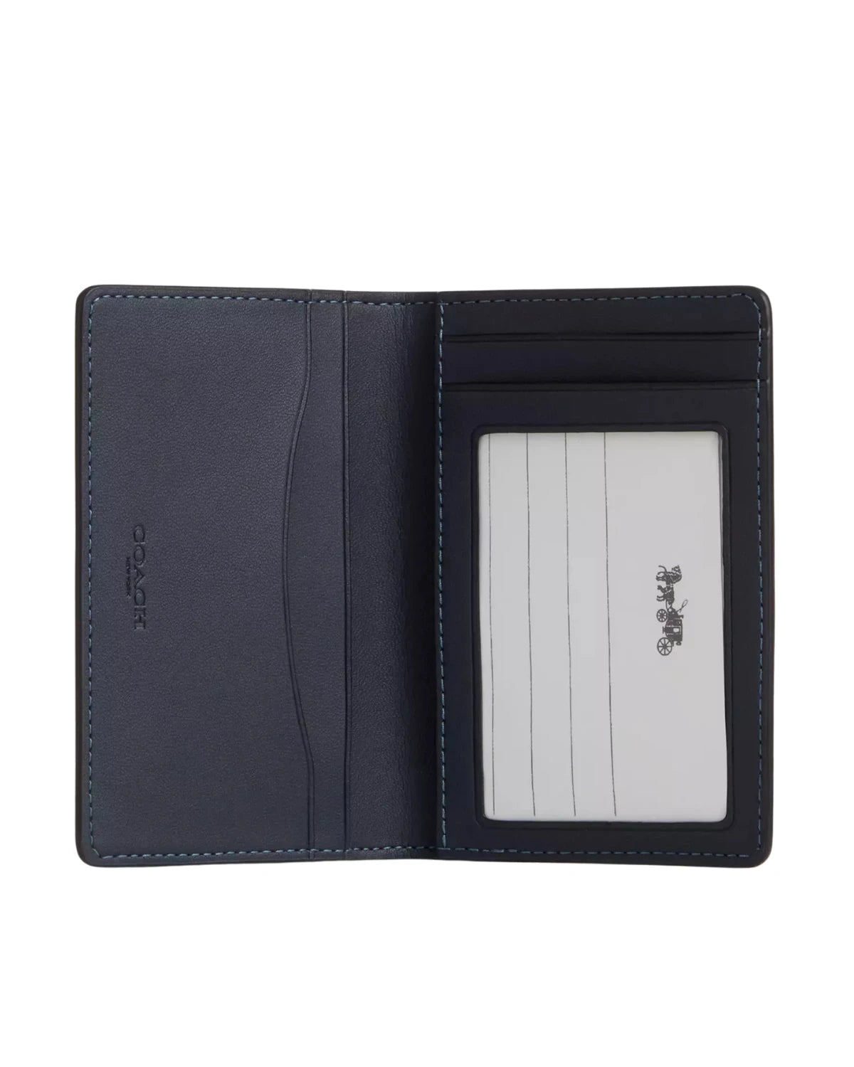 Open view of the Coach ID Card Wallet in Ombre Signature Canvas CEC42 showing three credit card slots, ID window and outside open pocket