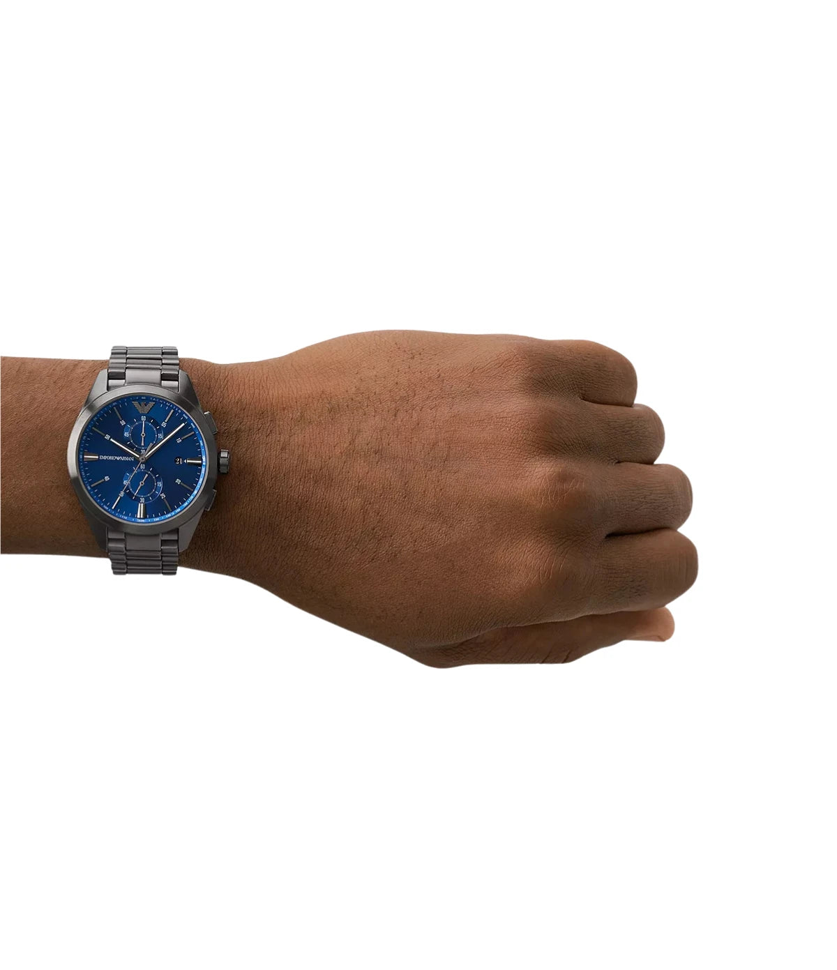 AR11481 Emporio Armani Chronograph Gunmetal Stainless Steel Watch on wrist lifestyle shot styled with bold gunmetal sophistication from timevault