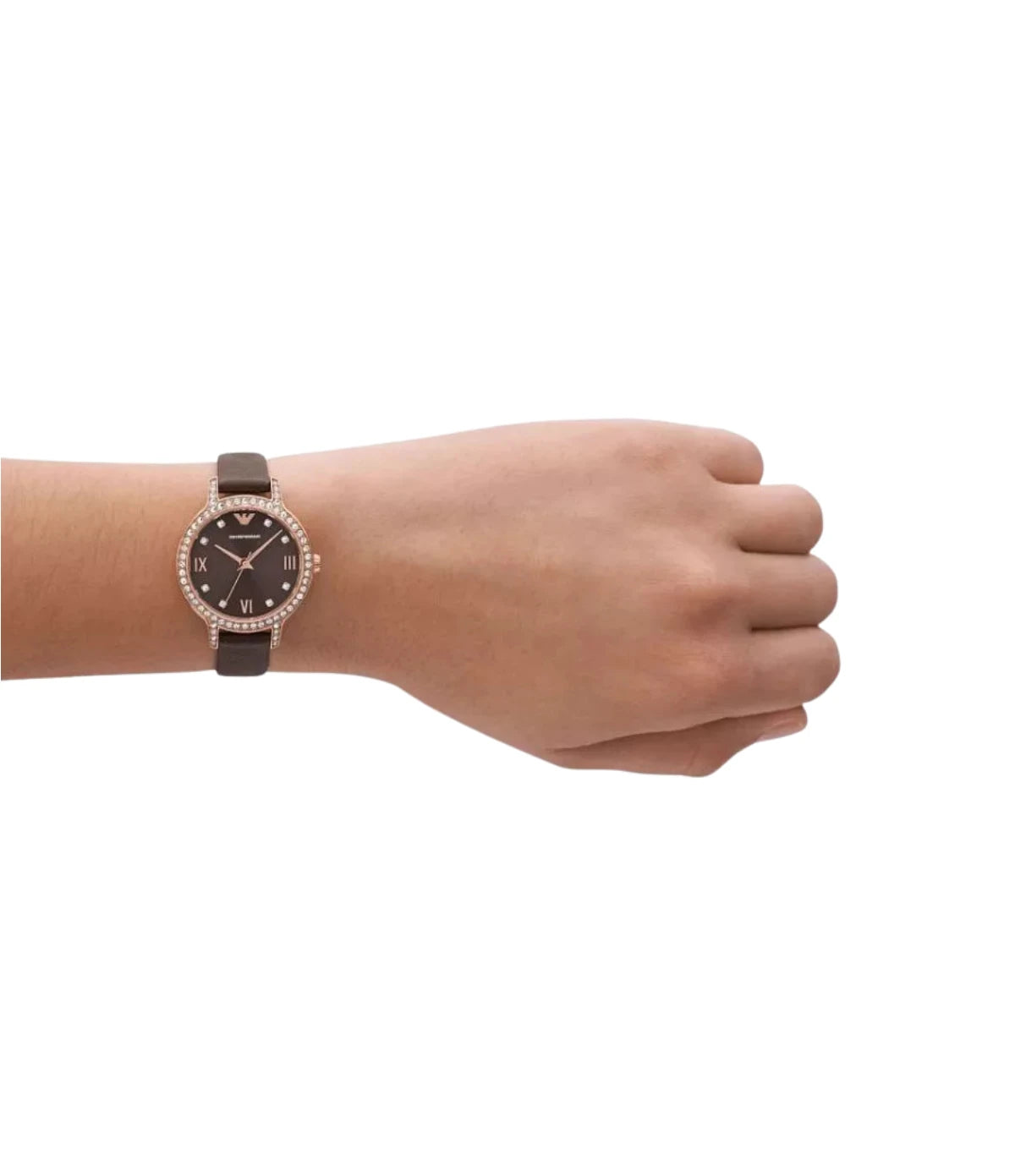 AR11555 Emporio Armani Cleo Pro-Planet Leather Watch on wrist lifestyle shot styled with feminine elegance from timevault