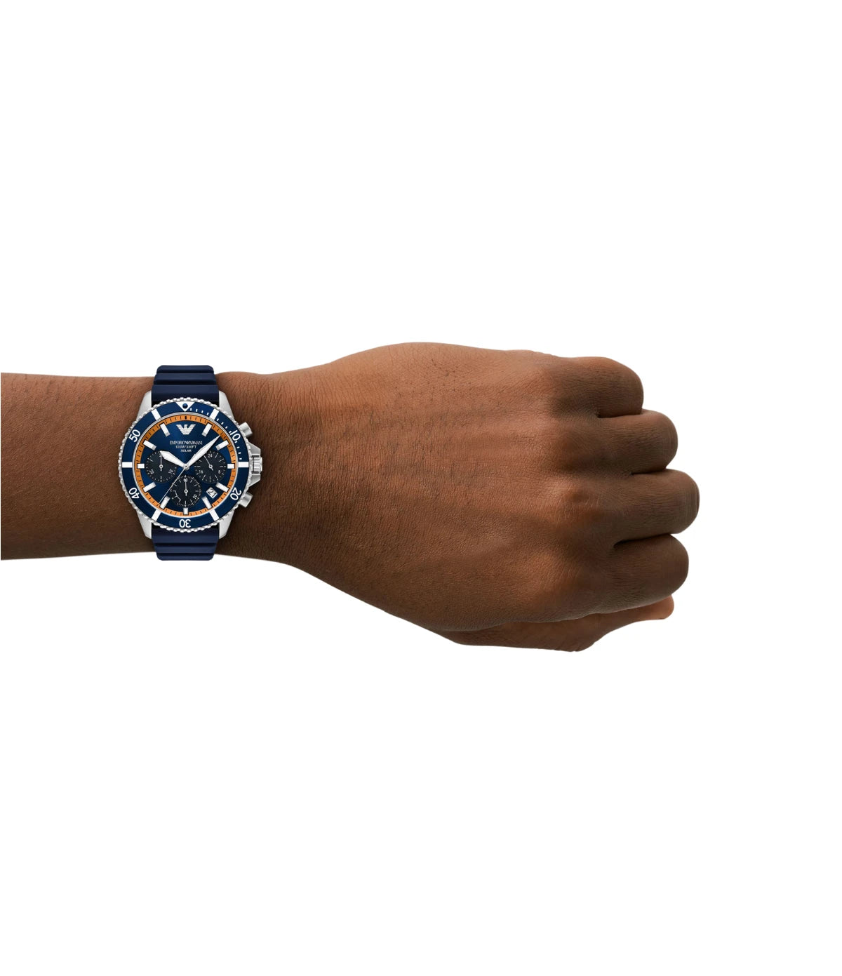 AR11696 Emporio Armani World Explorer Solar-Powered Chronograph Watch on wrist lifestyle shot styled with adventurous modern flair from timevault