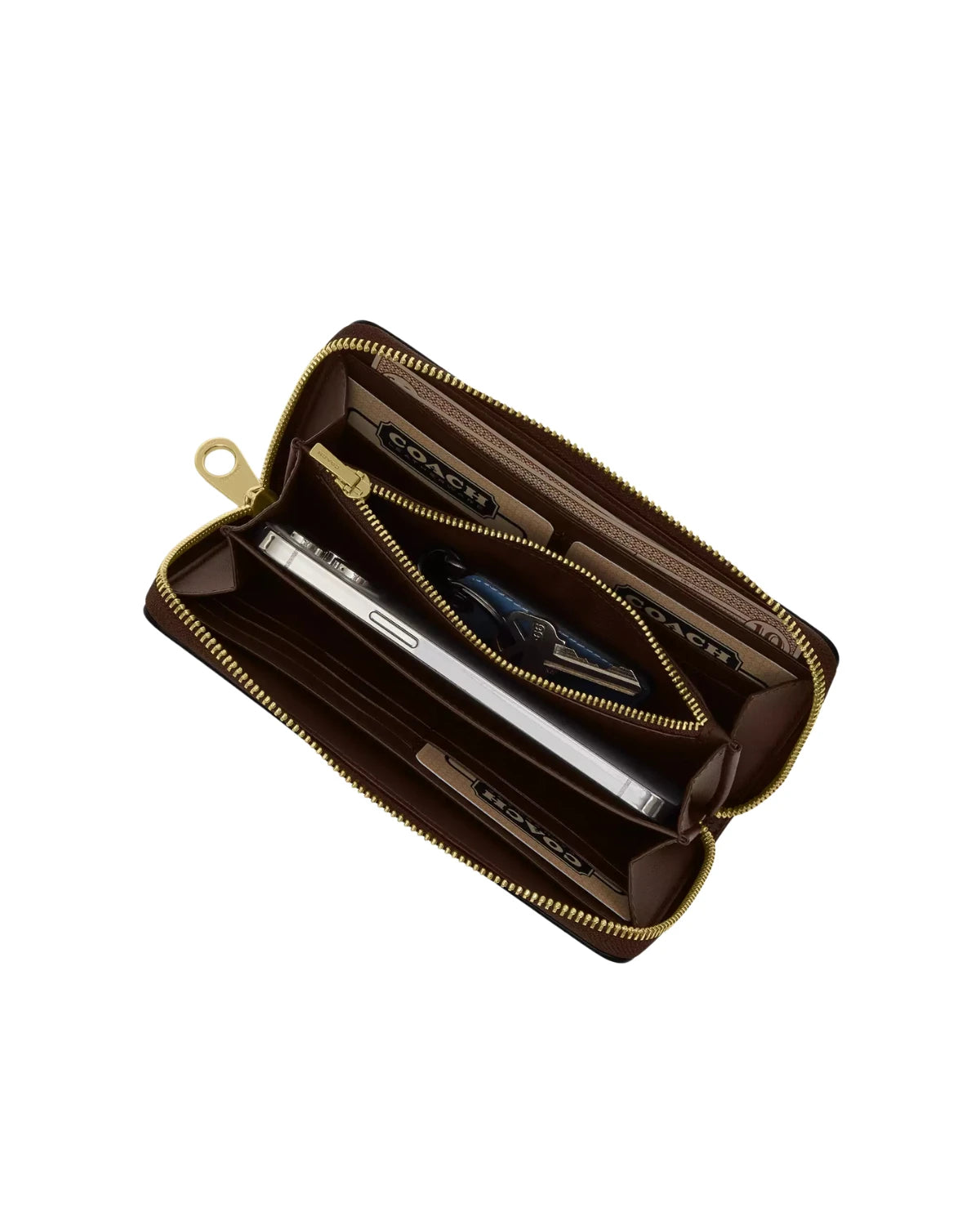Interior view of the Coach Long Zip Around Wallet showing multiple card slots, bill compartments and zip coin pocket.