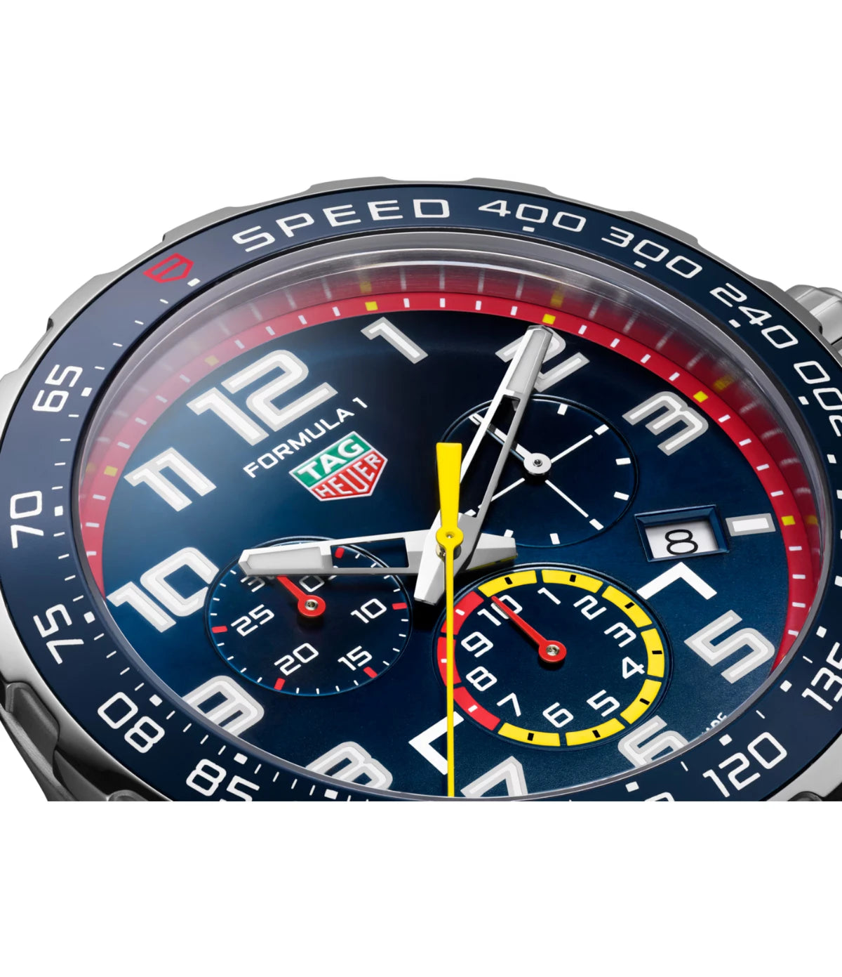 Close-up of the energetic blue dial with red and yellow highlights on the TAG Heuer Formula 1 x Red Bull Racing Chronograph CAZ101AL.BA0842