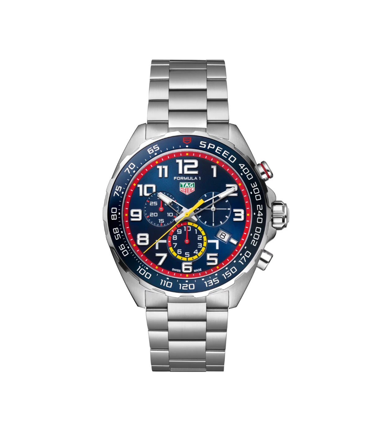TAG Heuer Formula 1 Chronograph x Red Bull Racing CAZ101AL.BA0842 front view - men's 43mm steel quartz chronograph special edition with blue dial, available in Sri Lanka at Timevault