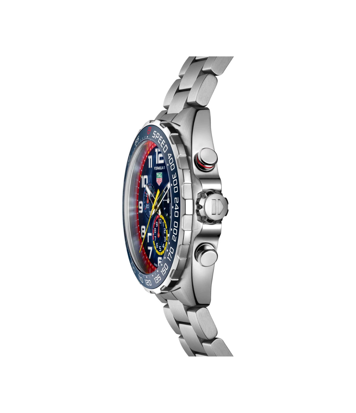 Side profile of the TAG Heuer Formula 1 x Red Bull Racing Chronograph CAZ101AL.BA0842 showing fine-brushed/polished steel case