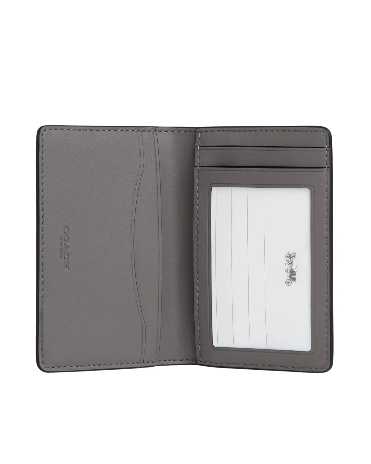 Open view of the Coach ID Card Wallet in Signature Canvas with Patches CCF99 showing three credit card slots, ID window and outside open pocket