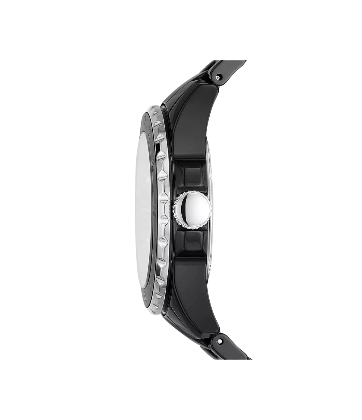 Side profile of the Fossil FB-01 CE1108 showing black ceramic bracelet and stainless steel case thickness