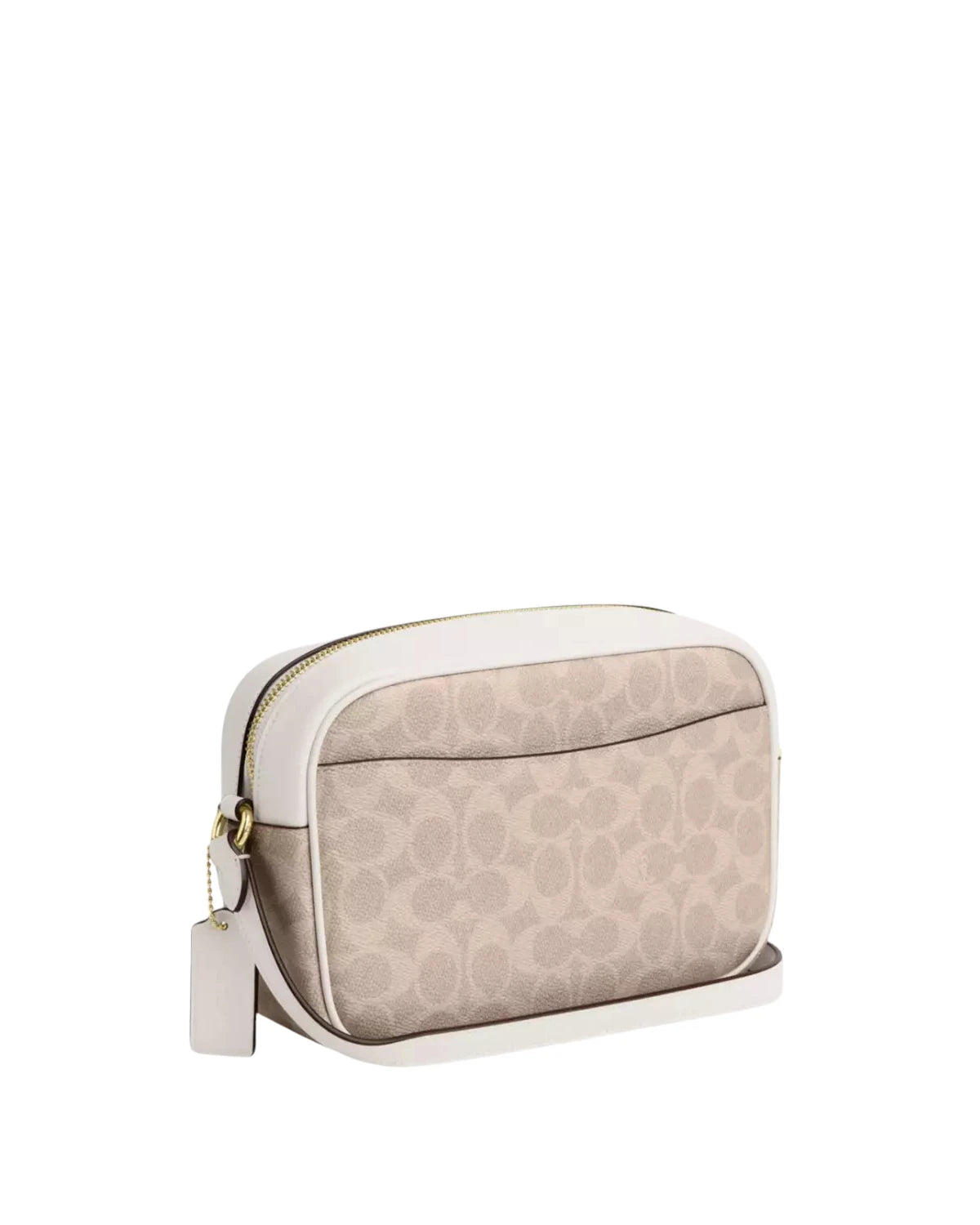Side profile of the Coach Jamie Camera Bag in Signature Canvas highlighting its slim silhouette, adjustable crossbody strap and premium leather trim.