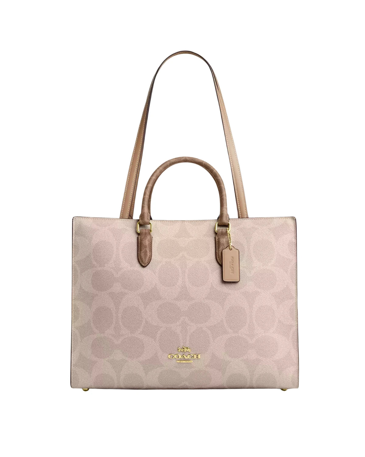 Coach Maggie Tote Bag in Blocked Signature Canvas CY677 front view - women's large canvas and leather tote in sand and tan, available in Sri Lanka at Timevault